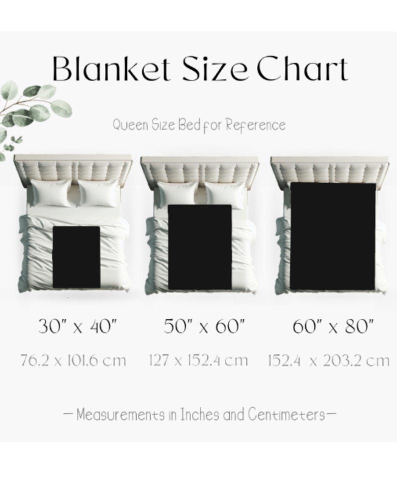 May include: A blanket size chart with three examples of blankets on a queen-size bed. The chart shows blanket sizes of 30" x 40", 50" x 60", and 60" x 80". Measurements in inches and centimeters are included.
