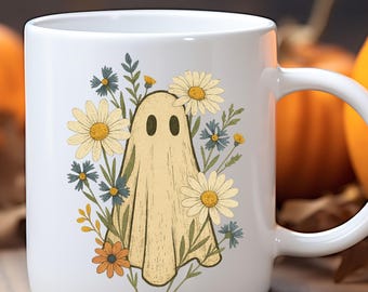 Cottagecore Ghost Mug, Retro Halloween ghost mug, Halloween mug, Spooky Halloween Mug, Halloween Cup, cute ghost Mug, Cute Halloween Mug