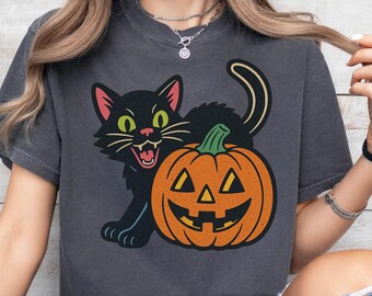 Black Cat Halloween Comfort Colors Shirt, Pumpkin Halloween shirt, Womens Halloween Shirt, black cat Shirt, Spooky Season shirt, fall shirt