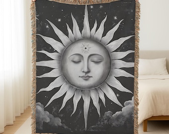 Manta tejida de sol y estrellas celestiales, manta cósmica vintage, tapiz de astrología mística, tapiz bohemio, tapiz de sol y estrellas, manta de sol
