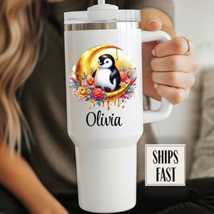 Penguin 40oz tumbler with lid and handle, Penguin  tumbler, cute Penguin  tumbler, floral Penguin mug, Penguin lover gift, animal lover mug