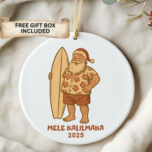 Mele Kalikimaka Ornament, Mele Kalikimaka, Hawaiian Christmas ornament, Christmas in Hawaii keepsake, surfing Santa ornament,hawaii keepsake