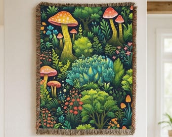 Whimsical Forest Mushrooms Woven Blanket, Botanical Woodland Tapestry, fairycore blanket, fantasy forest decor, botanical woven blanket