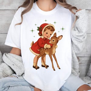 Vintage Christmas girl and reindeer shirt, christmas shirt, retro holiday shirt, retro christmas shirt, vintage theme christmas shirt, xmas