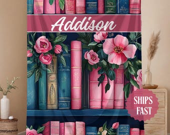 Custom Floral Bookshelf Blanket, Personalized Book Lover gift, reading blanket, book nook blanket, custom Reader blanket, Bookish blanket