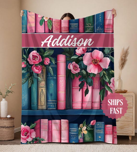 Custom Floral Bookshelf Blanket, Personalized Book Lover gift, reading blanket, book nook blanket, custom Reader blanket, Bookish blanket