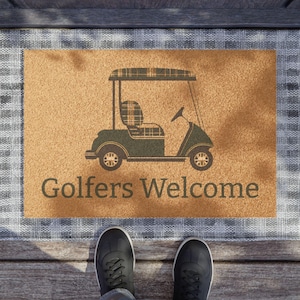 Golfers Welcome Golf Cart House Doormat, spersonalizowana mata wejściowa, dywanik powitalny w domu, prezent dla miłośnika golfa, wystrój zewnętrzny, prezent na parapetówkę