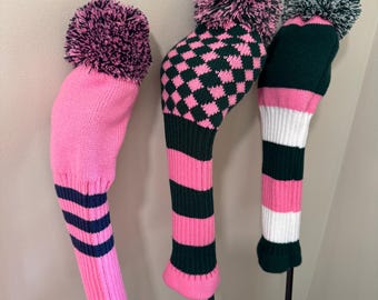 Knit Golf Driver Headcover, Striped Argyle Pom Pom Club Protector
