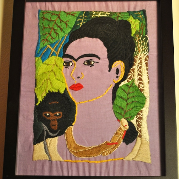 Handmade embroidered Frida Kahlo "Self-Portrait with Monkey, 1938" framed artwork