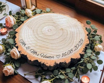 Rustic Personalised Log Slice | Wedding Cake Stand | Engraved Wood Wedding Cake Board