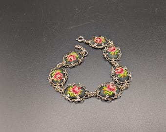 Vintage Petit Point-armband roos bloemen zwart Oostenrijk jaren 1940