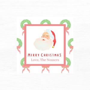 Gepersonaliseerde kerstcadeaulabels voor het gezin // Labels voor de feestdagen // Handgeschilderde aquarelkrans en kerstman // Set van 50
