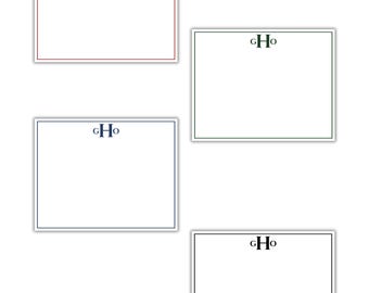 May include: Four blank note cards with a monogrammed "H" in the top center of each card. The cards have a white background and a thin black border. The monograms are in red, green, blue, and black.