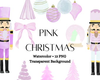 Pink Christmas Clipart Watercolor // 13  PNG Transparent Background Nutcrackers, Trees, ornaments, Snowglobe and Bow
