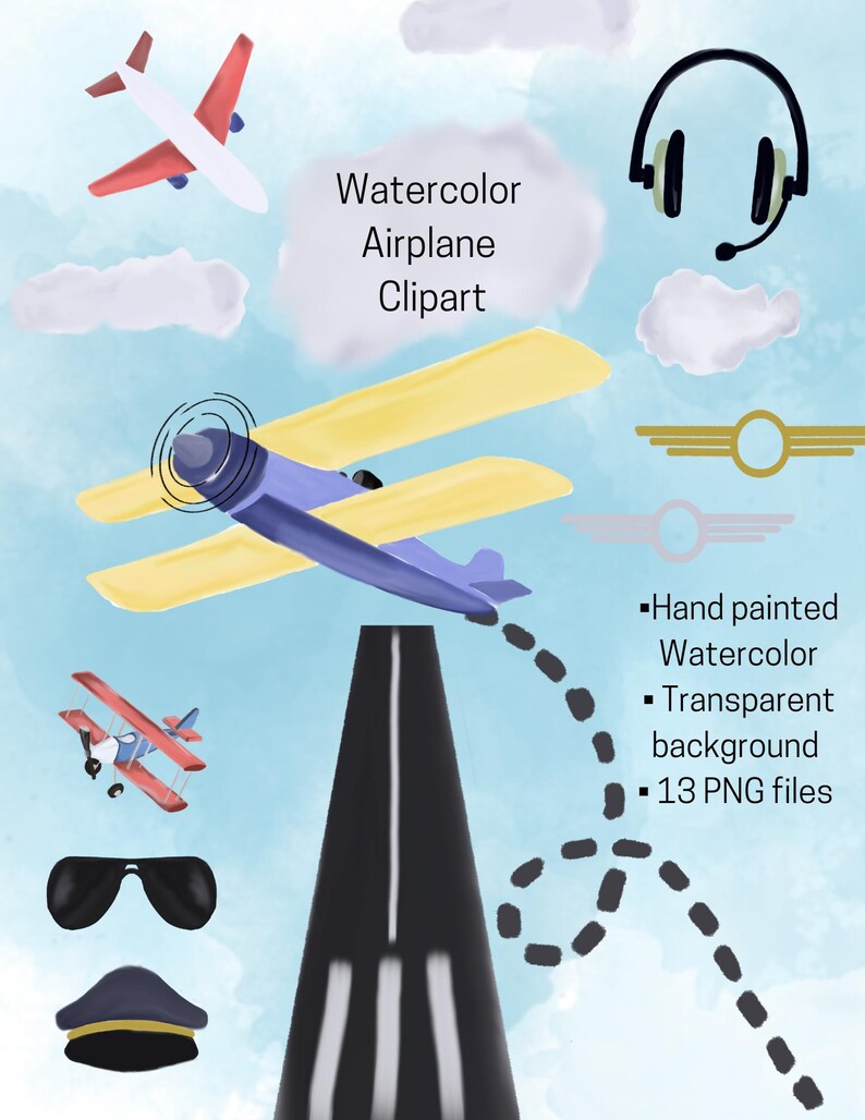Airplane Watercolor Clipart 13 PNG Transparent Background Airplanes ...