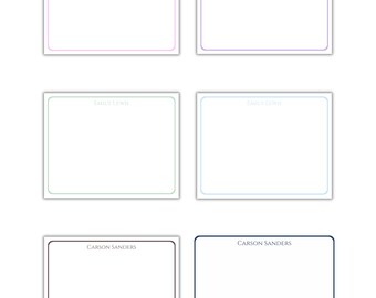 May include: Six blank note cards with different colored borders. The top two cards have the name "Emily Lewis" printed in a light gray font. The bottom two cards have the name "Carson Sanders" printed in a light gray font.
