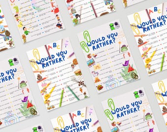 Op de afbeelding: Meerdere witte kaarten met de tekst "WOULD YOU RATHER?" en diverse kleurrijke illustraties. De kaarten bevatten leuke vragen en zijn versierd met paperclips, potloden en andere schoolbenodigdheden.