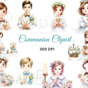 May include: A set of digital illustrations of children dressed in white communion outfits. The illustrations are in a cartoon style and feature various poses and accessories, including flowers, chalices, and candles. The text "Communion Clipart 300 DPI" is included in the image.