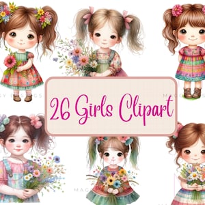 26clipart Girls clipart, cute girl, kids, Chibi girl clipart, little girl PNG Printable Watercolor Clipart, High quality, Digital Download