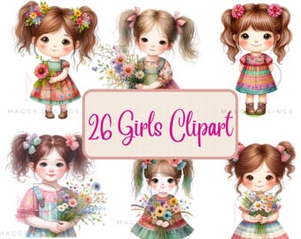 26clipart Girls clipart, cute girl, kids, Chibi girl clipart, little girl PNG Printable Watercolor Clipart, High quality, Digital Download