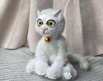 Unique Handmade White Cat Plush Doll - Adorable Collectible with Striking Blue-Green Eyes