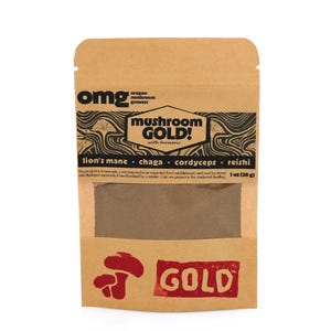 omg mushroom tea gold, golden milk, instant, 1 oz; includes lion&#39;s mane, chaga, reishi, cordyceps
