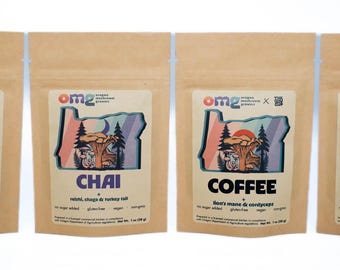 Paquete de muestra de té y café con hongos: café, chai, matcha y dorado