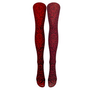 May include: A pair of red tights with a black leopard print pattern.