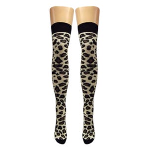 May include: A pair of black and brown leopard print thigh-high socks with a black band at the top.