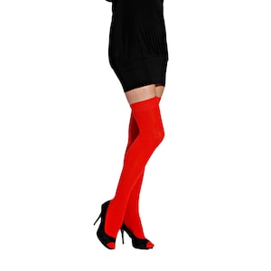 May include: Bright red thigh-high stockings paired with black high-heeled shoes. The stockings are a solid, vibrant red color, and the shoes have a peep-toe design. The background is plain white.