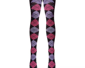May include: A pair of black tights with a pink and purple argyle pattern.