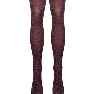 May include: A pair of brown tights with a black leopard print pattern.
