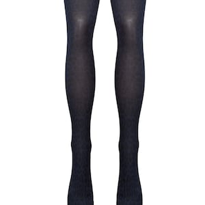 May include: Black opaque tights with a leopard print pattern.