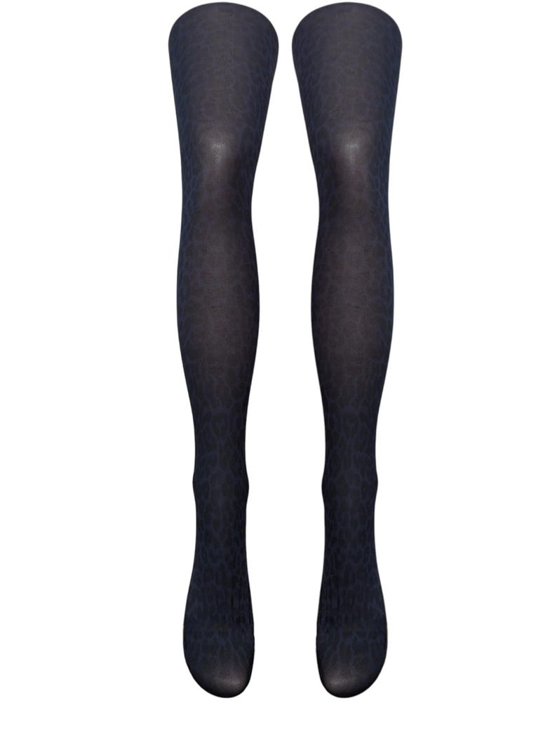 May include: Black opaque tights with a leopard print pattern.