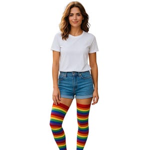Taste The Rainbow Stripey Striped Over Knee Socks (Italian Made) Shoe Size 3 to 8
