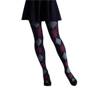 Può includere: Collant neri con un motivo argyle rosso e grigio.