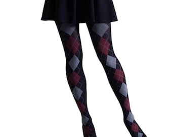 May include: Black tights with a red and gray argyle pattern.