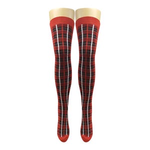 May include: Red and black tartan thigh-high socks with white accents.