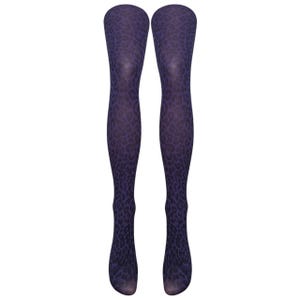 May include: A pair of purple tights with a leopard print pattern.