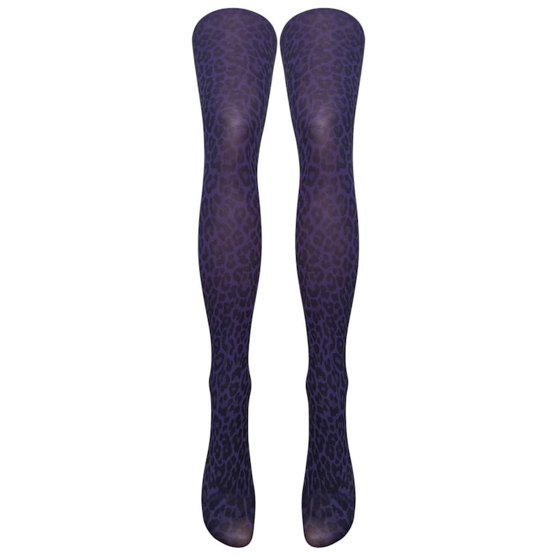 May include: A pair of purple tights with a leopard print pattern.
