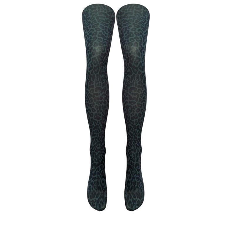May include: A pair of black tights with a leopard print pattern.