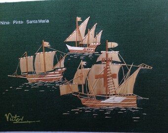 Columbus ships Nina, Pinta, Santa Maria. Marine art collectible, size 5 X 7 Handmade, signed art. Nautical collectible, no two art  alike