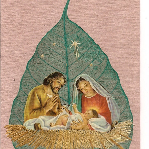 Christmas Nativity scene on a leaf.  Green, Sustainable, Handcrafted Leaf art Limited Edition, signed numbered