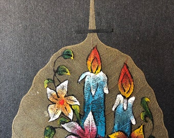 Flowers and candles Hand painted on a real leaf. Great Christmas gift. UNIQUE collectible art