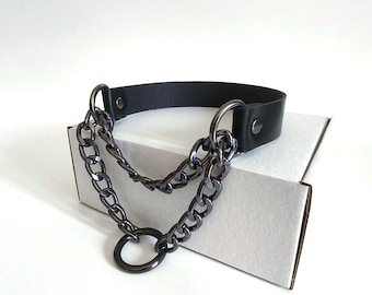 Gargantilla de cuero negro con cadena — Collar minimalista hecho a mano