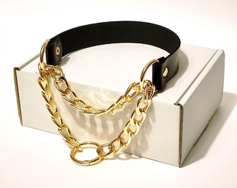 Black Leather Choker with Chain, Handmade Collar Necklace, Goth Punk Jewelry, Day Collar