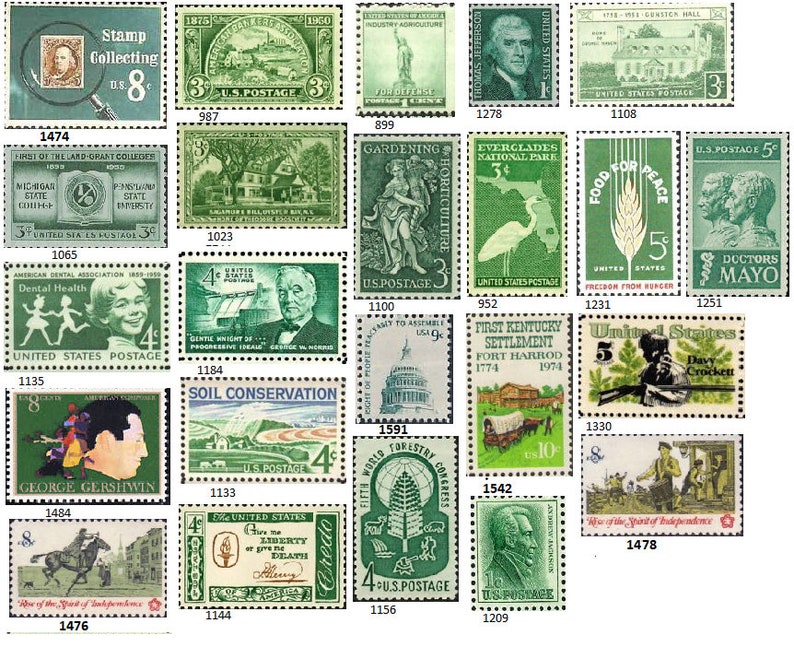 20 Vintage Stamps .. Shades of GREEN US.. curated collection .. unused image 2