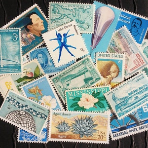 50 Vintage Postage Stamps .. Shades of TEAL .. curated collection .. UNUSED image 1