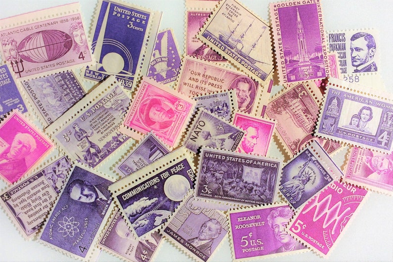 20 Vintage Stamps .. Shades of PURPLE US .. curated collection .. UNused image 1