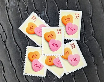 5 Vintage Postage Stamps .. Candy Hearts 37cent stamps ..  UNUSED .. #3833
